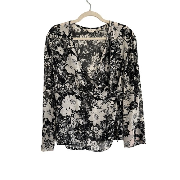 J. Jill Sheer Wrap Blouse Black and Cream Botanical Print Size 16 Petite - Picture 1 of 8